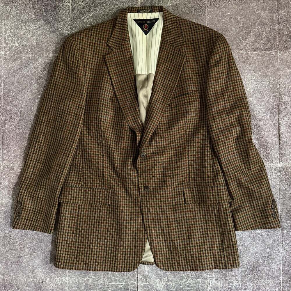 Men's Vintage 90's Tommy Hilfiger Wool Houndstooth Blazer Jacket Sports Coat 44L